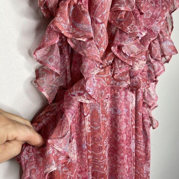 MISA Natasha Dress Womens Large Pink Floral Cut Out Midi Ruffle V-Neck Sheer - Picture 7 of 16